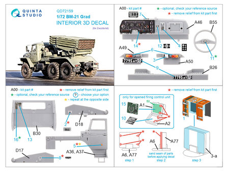 Quinta Studio QD72159 -  BM-21 Grad 3D-Printed &amp; coloured Interior on decal paper (Zvezda) - 1:72