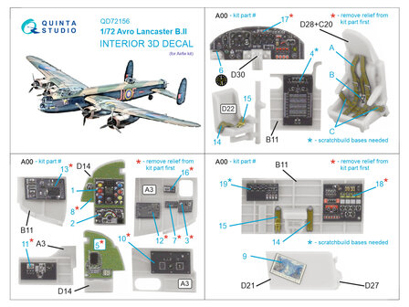 Quinta Studio QD72156 -  Avro Lancaster B.II 3D-Printed &amp; coloured Interior on decal paper (Airfix) - 1:72