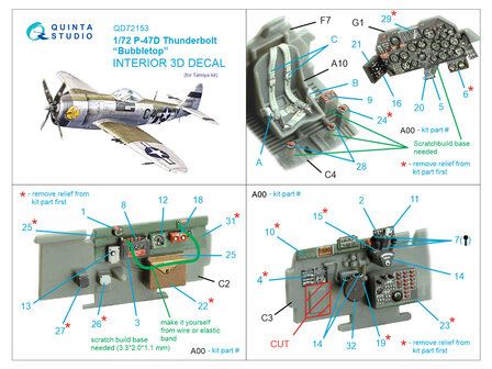 Quinta Studio QD72153 -  P-47D Thunderbolt  Bubbletop 3D-Printed &amp; coloured Interior on decal paper (Tamiya) - 1:72