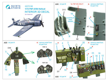 Quinta Studio QD72148 -  F6F-5 Hellcat 3D-Printed &amp; coloured Interior on decal paper (Eduard) - 1:72