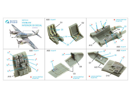 Quinta Studio QD72141 -  Me 410 3D-Printed &amp; coloured Interior on decal paper (Airfix) - 1:72