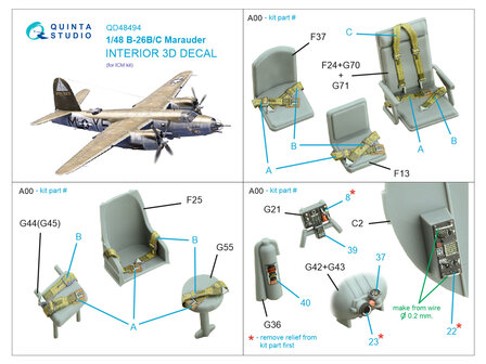 Quinta Studio QD48494 -  B-26B/C Marauder 3D-Printed &amp; coloured Interior on decal paper (ICM) - 1:48