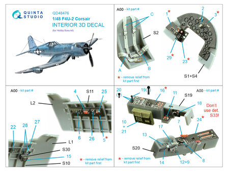 Quinta Studio QD48476 -  F4U-2 Corsair 3D-Printed &amp; coloured Interior on decal paper (Hobby Boss) - 1:48