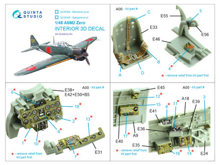 Quinta Studio QD48469 -  A6M2 Zero (Nakajima Prod.) 3D-Printed &amp; coloured Interior on decal paper (Academy) - 1:48