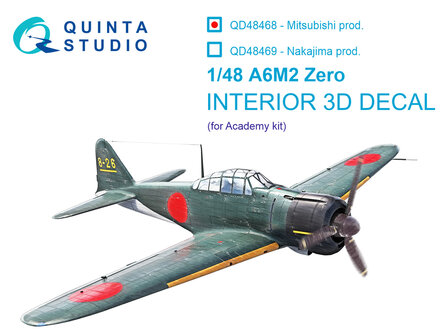 Quinta Studio QD48468 -  A6M2 Zero (Mitsubishi Prod.) 3D-Printed &amp; coloured Interior on decal paper (Academy) - 1:48