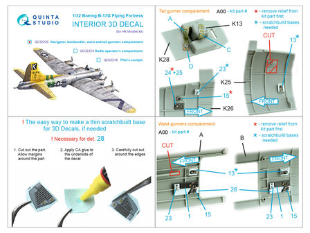 Quinta Studio QD32226 -  Boeing B-17G Navigator, bombardier, waist and tail gunners compartments. 3D-Printed &amp; coloured Interior (HK models) - 1:32