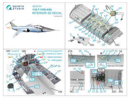 Quinta Studio QD32181 -  F-104S-ASA 3D-Printed &amp; coloured Interior on decal paper (Italeri) - 1:32