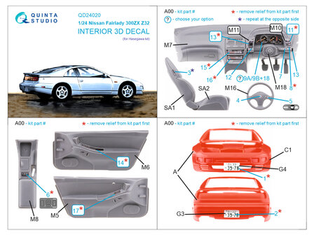 Quinta Studio QD24020 -  Nissan Fairlady 300ZX Z32 3D-Printed &amp; coloured Interior on decal paper (Hasegawa) - 1:24