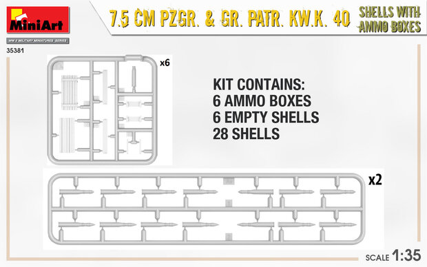 MiniArt 35381 - 7.5 CM PZGR. & GR. PATR. KW.K. 40 SHELLS With Ammo Boxes - 1:35