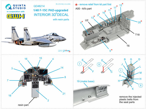 Quinta Studio QD48214 - F-15C PAD-upgraded 3D-Printed & coloured Interior on decal paper with resin parts (for GWH kit) - 1:48