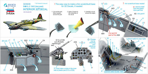 Quinta Studio QD48236 - IL-2 1943 (two-seat) 3D-Printed & coloured Interior on decal paper (for Zvezda kit) - 1:48 