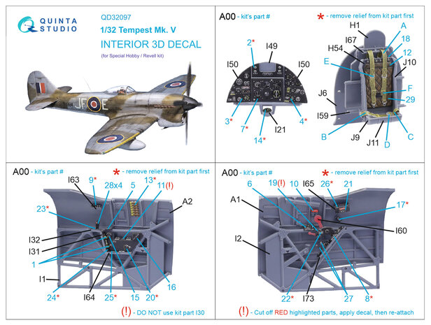 Quinta Studio QD32097 - Tempest Mk.V 3D-Printed & coloured Interior on decal paper (for Special Hobby/Revell kit) - 1:32