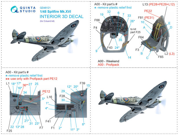 Quinta Studio QD48121 - Spitfire Mk.XVI 3D-Printed & coloured Interior on decal paper (for Eduard kit) - 1:48