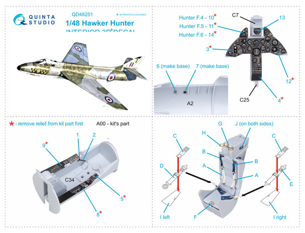 Quinta Studio QD48251 - Hawker Hunter 3D-Printed & coloured Interior on decal paper (for Airfix kit) - 1:48