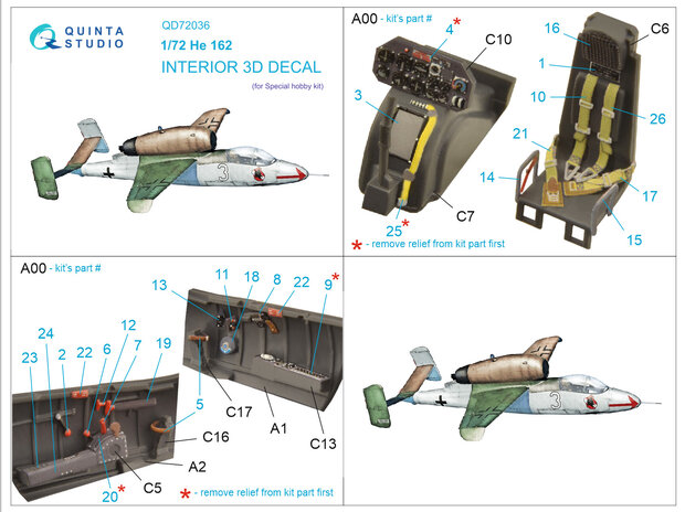 Quinta Studio QD72036 - He 162 3D-Printed & coloured Interior on decal paper (for Special Hobby kit) - 1:72