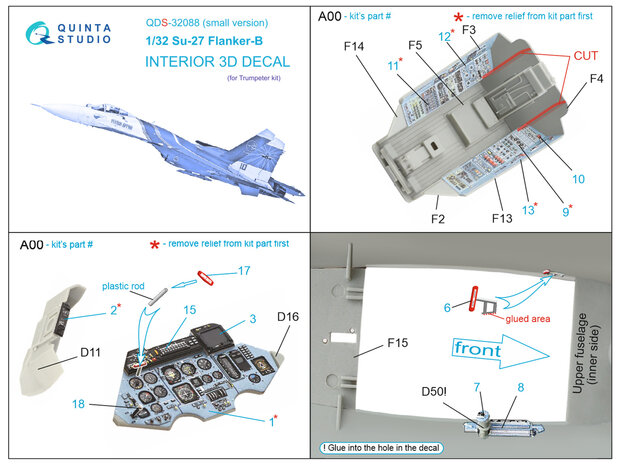 Quinta Studio QDS-32088 - Su-27 3D-Printed & coloured Interior on decal paper (for Trumpeter kit) - Small Version - 1:32