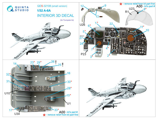 Quinta Studio QDS-32108 - A-6A Intruder 3D-Printed & coloured Interior on decal paper (for Trumpeter kit) - Small Version - 1:32