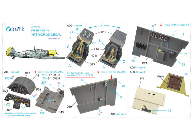 Quinta Studio QD48240 - Bf 109E-3/4 3D-Printed & coloured Interior on decal paper (for Wingsy kits kit) - 1:48