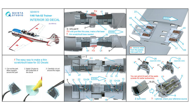 Quinta Studio QD48019 - Yak-52 3D-Printed & coloured Interior on decal paper (for ARK kit) - 1:48