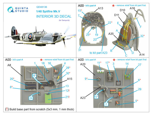 Quinta Studio QD48136 - Spitfire Mk.V 3D-Printed & coloured Interior on decal paper (Tamiya kit) - 1:48