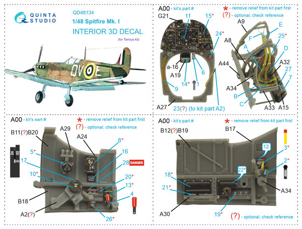 Quinta Studio QD48134 - Spitfire Mk.I 3D-Printed & coloured Interior on decal paper (for Tamiya kit) - 1:48