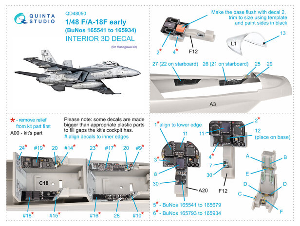 Quinta Studio QD48050 - F/A-18F early 3D-Printed & coloured Interior on decal paper (Hasegawa kit) - 1:48