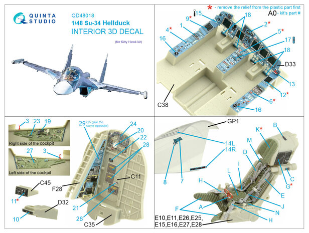 Quinta Studio QD48018 - Su-34 3D-Printed & coloured Interior on decal paper (for Kitty Hawk kit) - 1:48