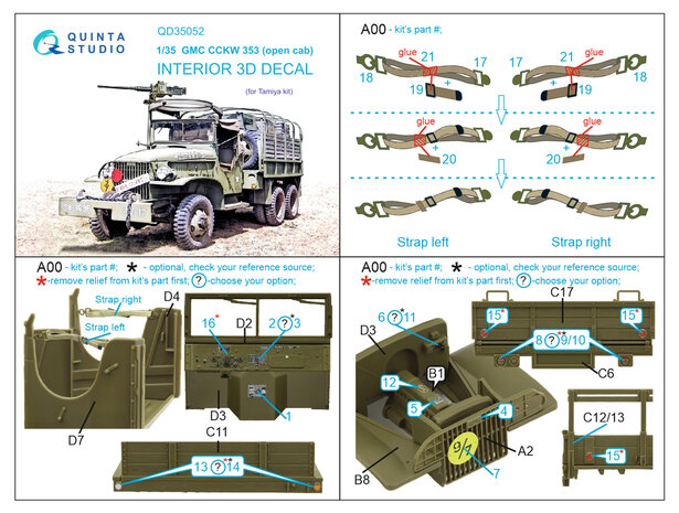 Quinta Studio QD35052 - GMC CCKW 353 (open cab) 3D-Printed & coloured Interior on decal paper (for Tamiya kit) - 1:35