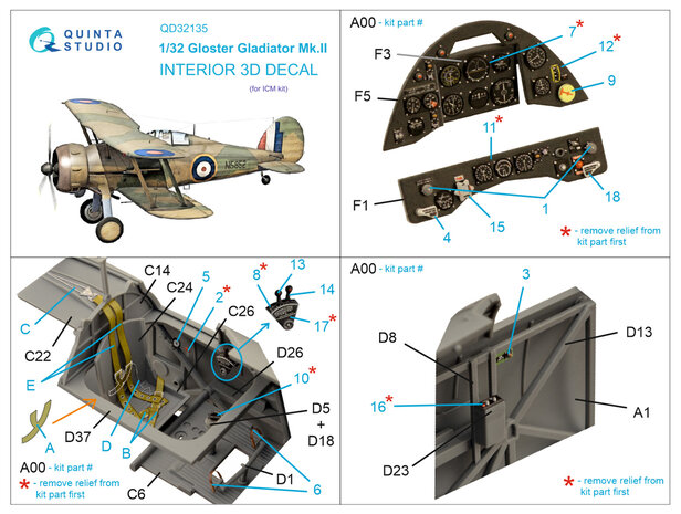 Quinta Studio QD32135 - Gloster Gladiator Mk II 3D-Printed & coloured Interior on decal paper (for ICM kit) - 1:32