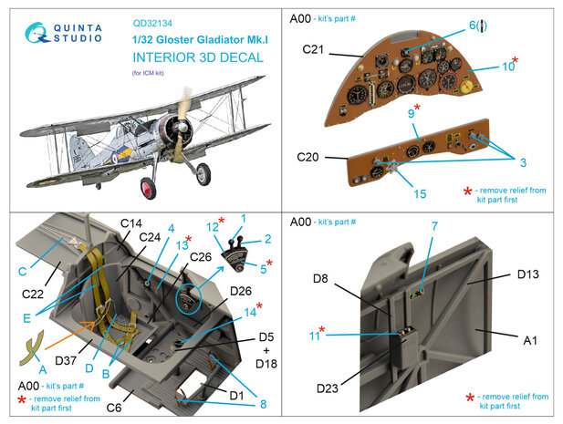 Quinta Studio QD32134 - Gloster Gladiator Mk I 3D-Printed & coloured Interior on decal paper (for ICM kit) - 1:32