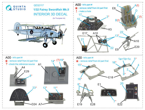 Quinta Studio QD32117 - Fairey Swordfish Mk.II 3D-Printed & coloured Interior on decal paper (for Trumpeter kit) - 1:32