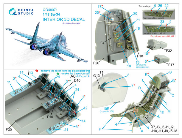 Quinta Studio QD48071 - Su-34 3D-Printed & coloured Interior on decal paper (for HobbyBoss kit) - 1:48