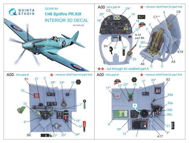 Quinta Studio QD48144 - Spitfire PR.XIX 3D-Printed & coloured Interior on decal paper (for Airfix kit) - 1:48