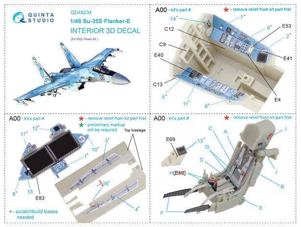 Quinta Studio QD48234 - Su-35S 3D-Printed & coloured Interior on decal paper (for KittyHawk kit) - 1:48