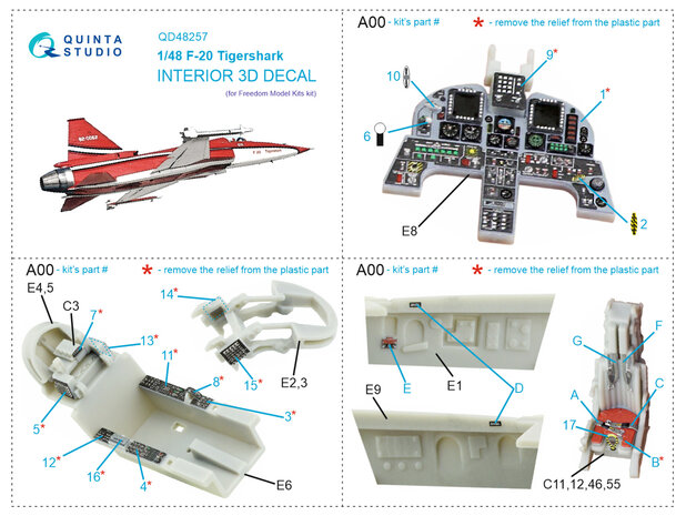 Quinta Studio QD48257 - F-20 Tigershark 3D-Printed & coloured Interior on decal paper (for Freedom Model kit) - 1:48