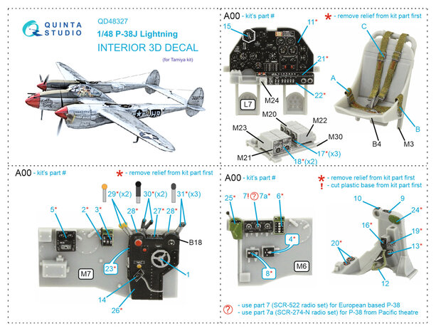 Quinta Studio QD48327 - P-38J 3D-Printed & coloured Interior on decal paper (for Tamiya kit) - 1:48