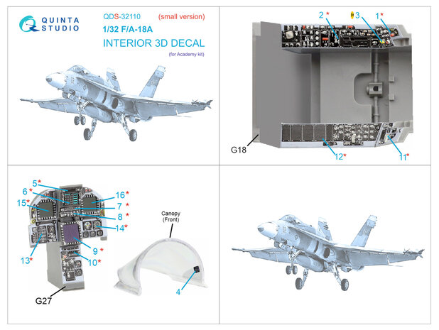 Quinta Studio QDS-32110 - F/A-18A 3D-Printed & coloured Interior on decal paper (for Academy kit) - Small Version - 1:32