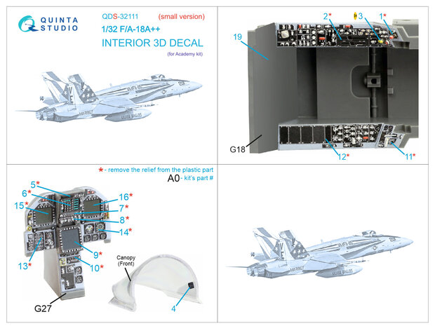 Quinta Studio QDS-32111 - F/A-18A++ 3D-Printed & coloured Interior on decal paper (for Academy kit) - Small Version - 1:32