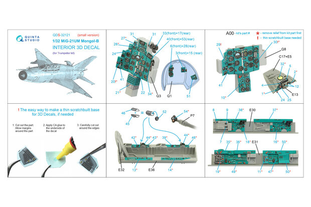 Quinta Studio QDS-32121 - MiG-21UM 3D-Printed & coloured Interior on decal paper (for Trumpeter kit) - Small Version - 1:32