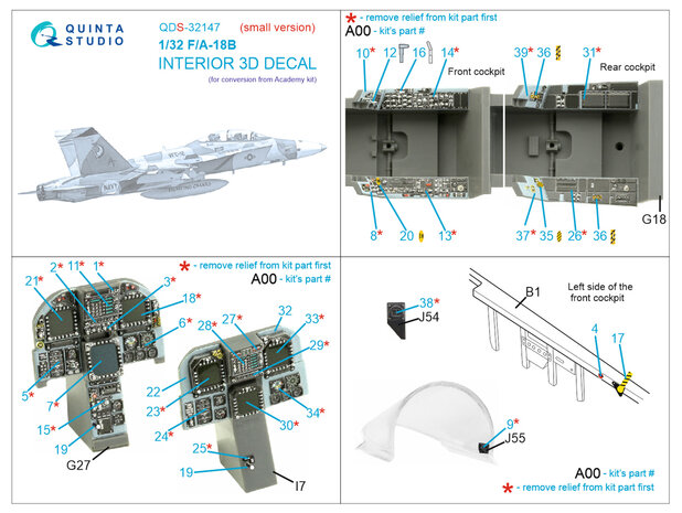 Quinta Studio QDS-32147 - F/A-18B 3D-Printed & coloured Interior on decal paper (for Academy kit) - Small Version - 1:32