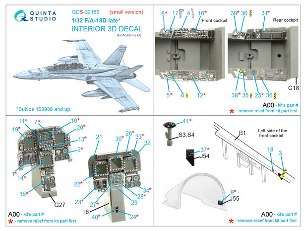 Quinta Studio QDS-32156 - F/A-18D late 3D-Printed & coloured Interior on decal paper (for Academy kit) - Small Version - 1:32