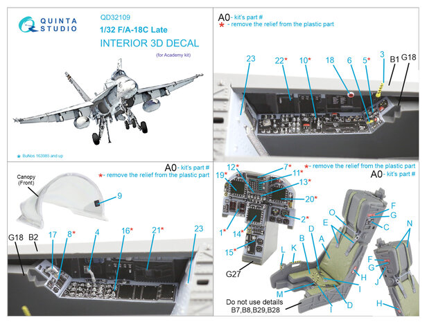 Quinta Studio QD32109 - F/A-18C Late 3D-Printed & coloured Interior on decal paper (for Academy kit) - 1:32