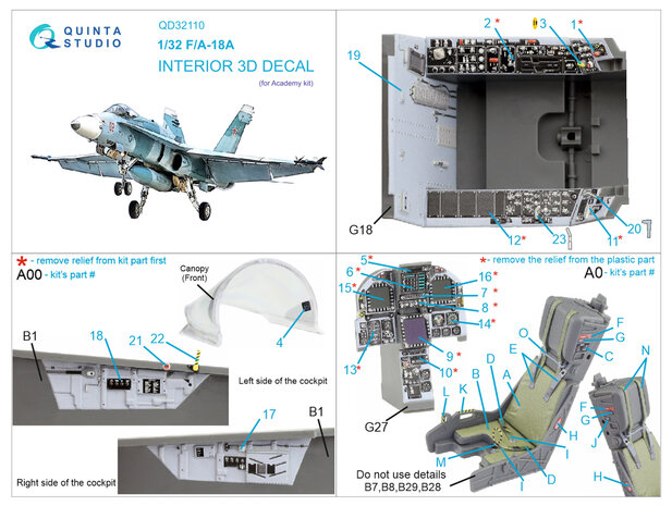 Quinta Studio QD32110 - F/A-18A 3D-Printed & coloured Interior on decal paper (for Academy kit) - 1:32