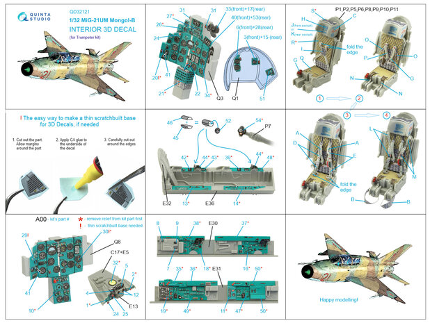 Quinta Studio QD32121 - MiG-21UM 3D-Printed & coloured Interior on decal paper (for Trumpeter kit) - 1:32