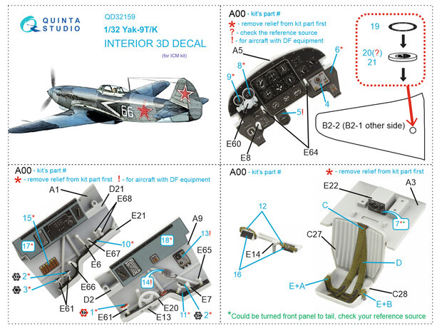 Quinta Studio QD32159 - Yak-9 T/K 3D-Printed & coloured Interior on decal paper (for ICM kit) - 1:32