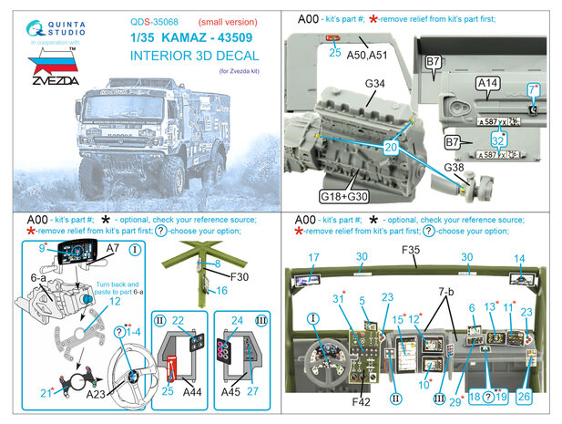 Quinta Studio QDS-35068 - KAMAZ-43509 3D-Printed & coloured Interior on decal paper (for Zvezda kit) - Small Version - 1:35