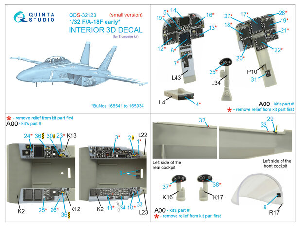 Quinta Studio QDS-32123 - F/A-18F early 3D-Printed & coloured Interior on decal paper (for Trumpeter kit) - Small Version - 1:32