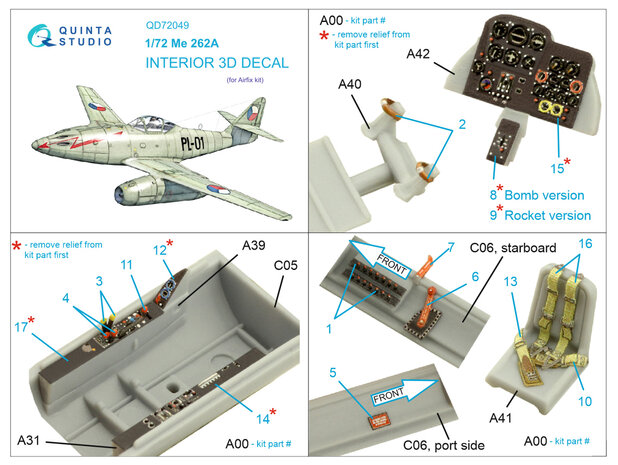 Quinta Studio QD72049 - Me-262A 3D-Printed & coloured Interior on decal paper (for Airfix kit) - 1:72