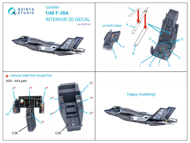 Quinta Studio QD48060 - F-35A 3D-Printed & coloured Interior on decal paper (for Meng kit) - 1:48