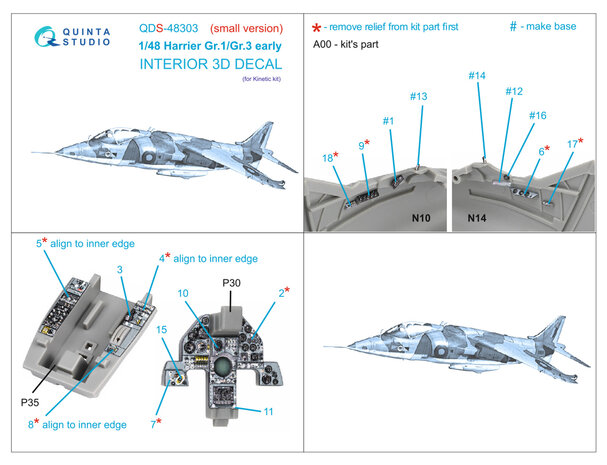 Quinta Studio QDS-48303 - Harrier Gr.1/Gr.3 Early 3D-Printed & coloured Interior on decal paper (for Kinetic kit) - Small Version  - 1:48